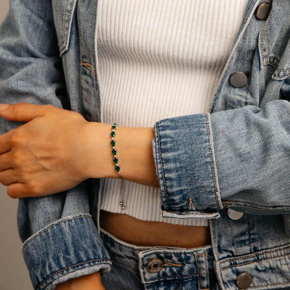Luminesce Lab Grown 1/10 Carat Diamond and Created Emerald Bolo Bracelet in Sterling Silver - Image 3