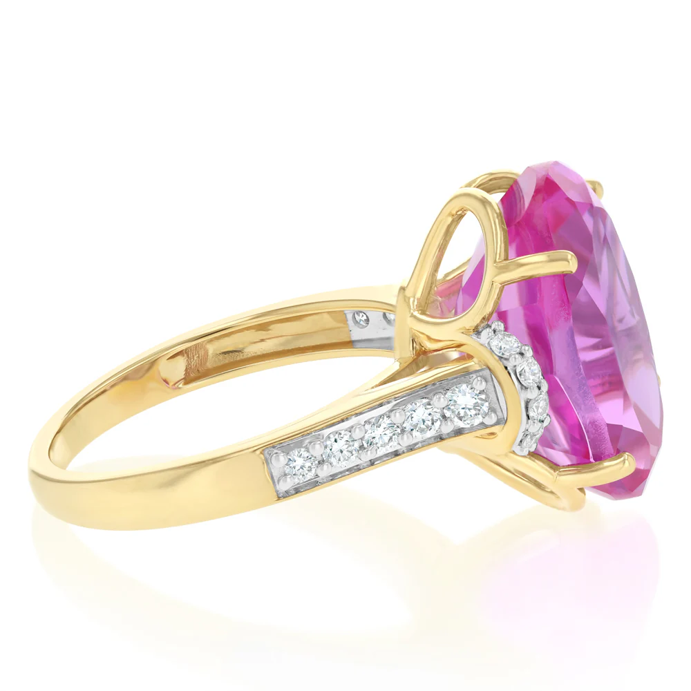 Luminesce Lab Grown 1/3 Carat Diamond and 7 Carat Created Pink Sapphire Ring in 9ct Yellow Gold - Image 2
