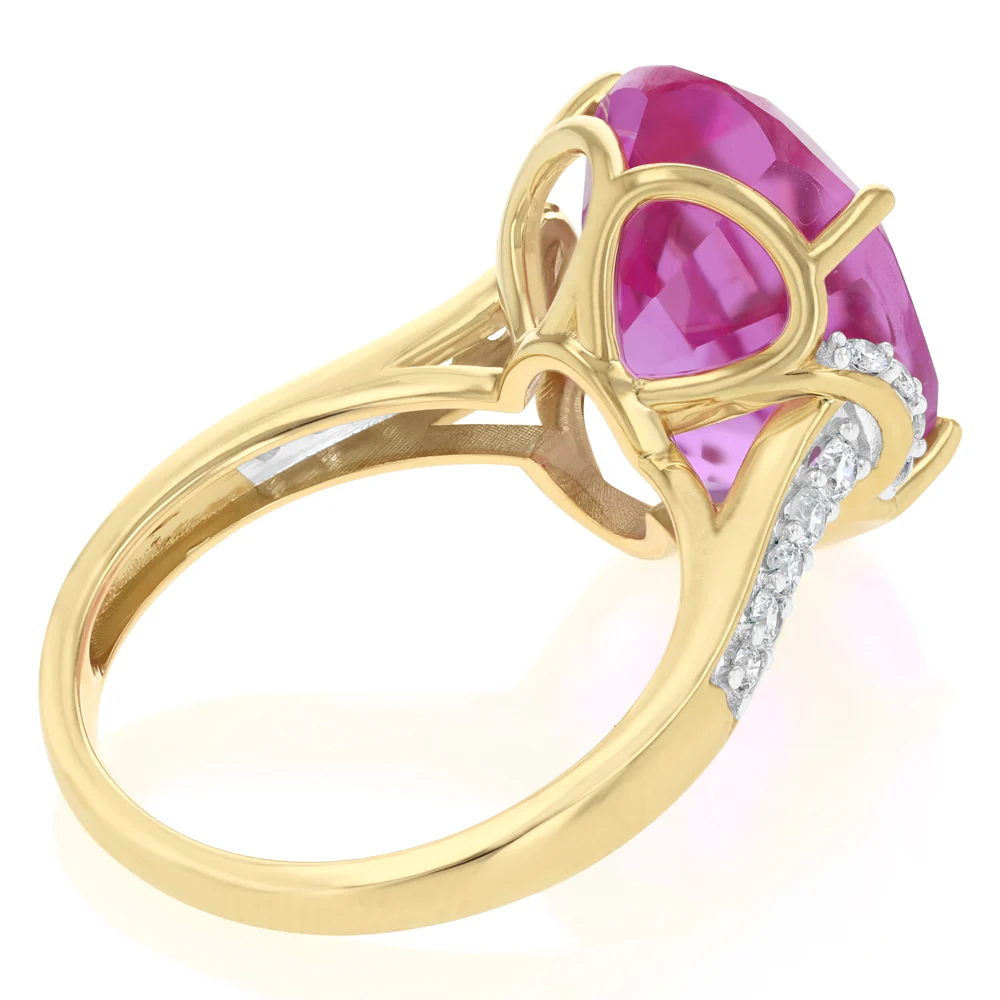 Luminesce Lab Grown 1/3 Carat Diamond and 7 Carat Created Pink Sapphire Ring in 9ct Yellow Gold - Image 4