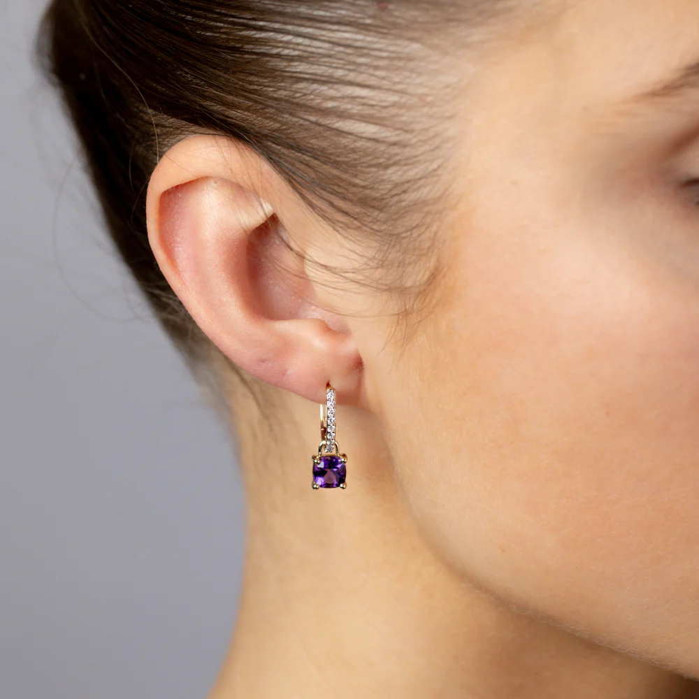 Luminesce Lab Grown 1/5 Carat Diamond and 1.20 Carat Natural Amethyst Earring in 9ct Yellow Gold - Image 2