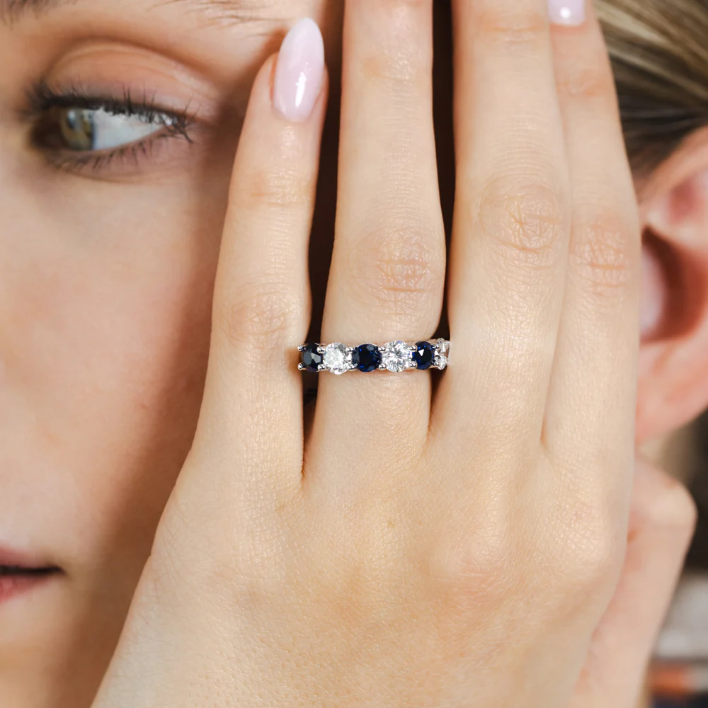 Luminesce Lab Grown 1.60 Carats Created Sapphire with 1 Carat Diamond Ring in Sterling Silver - Image 3