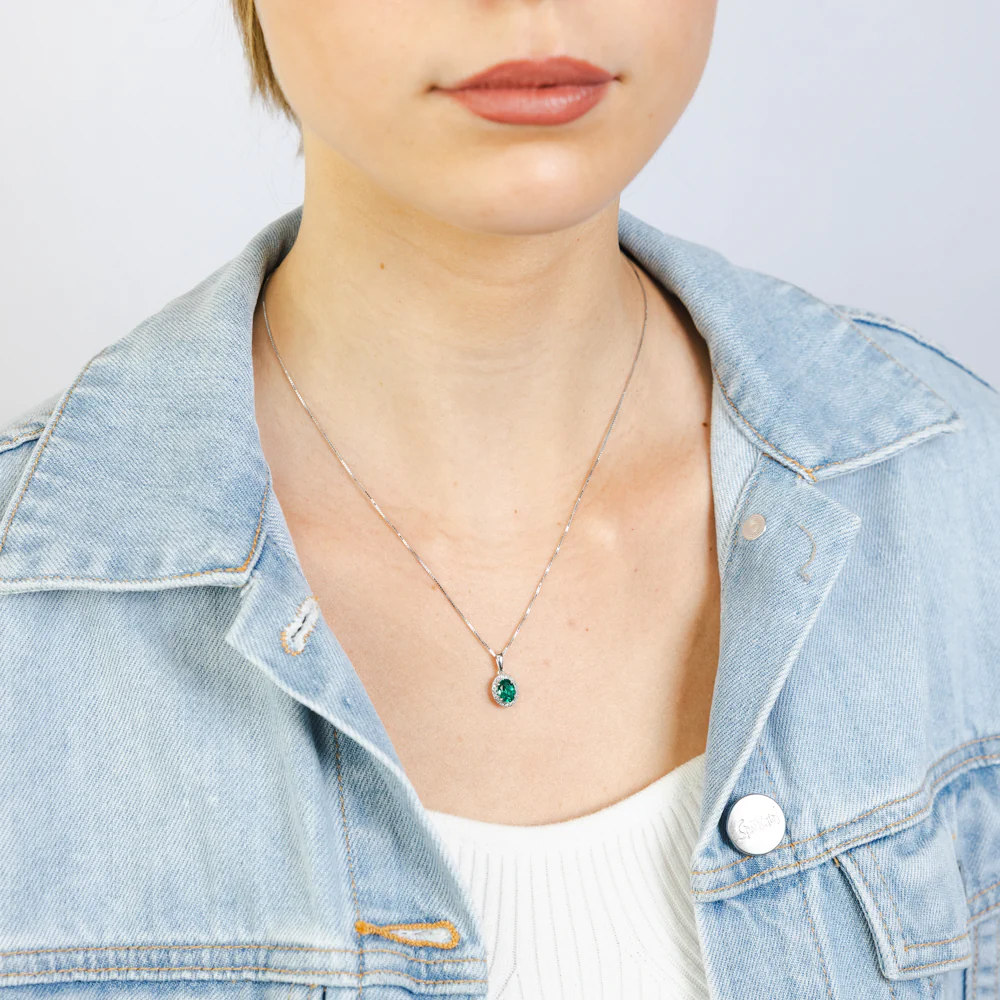 Luminesce Lab Grown 1 Carat Created Emerald with 1/6 Carat Diamond Pendant in Sterling Silver - Image 2