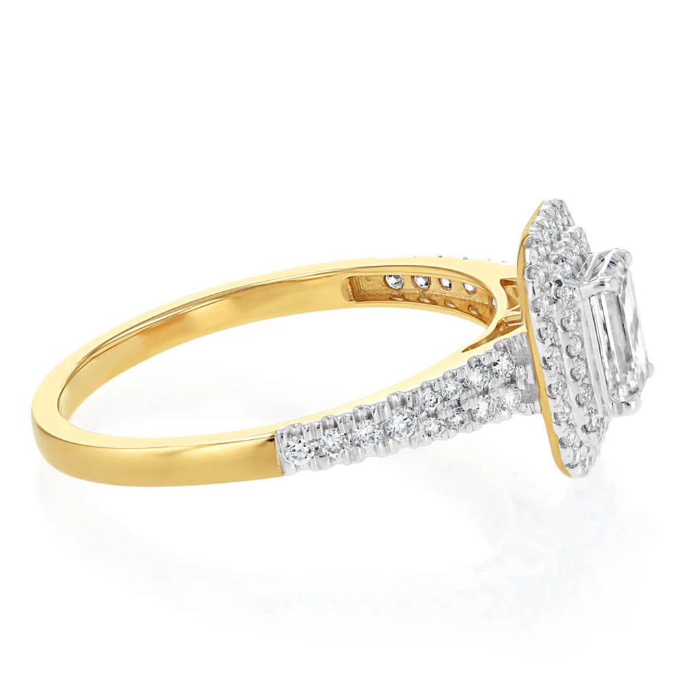 Luminesce Lab Grown 1 Carat Diamond Halo Solitaire Ring Emerald Centre Diamond in 9ct Yellow Gold - Image 2