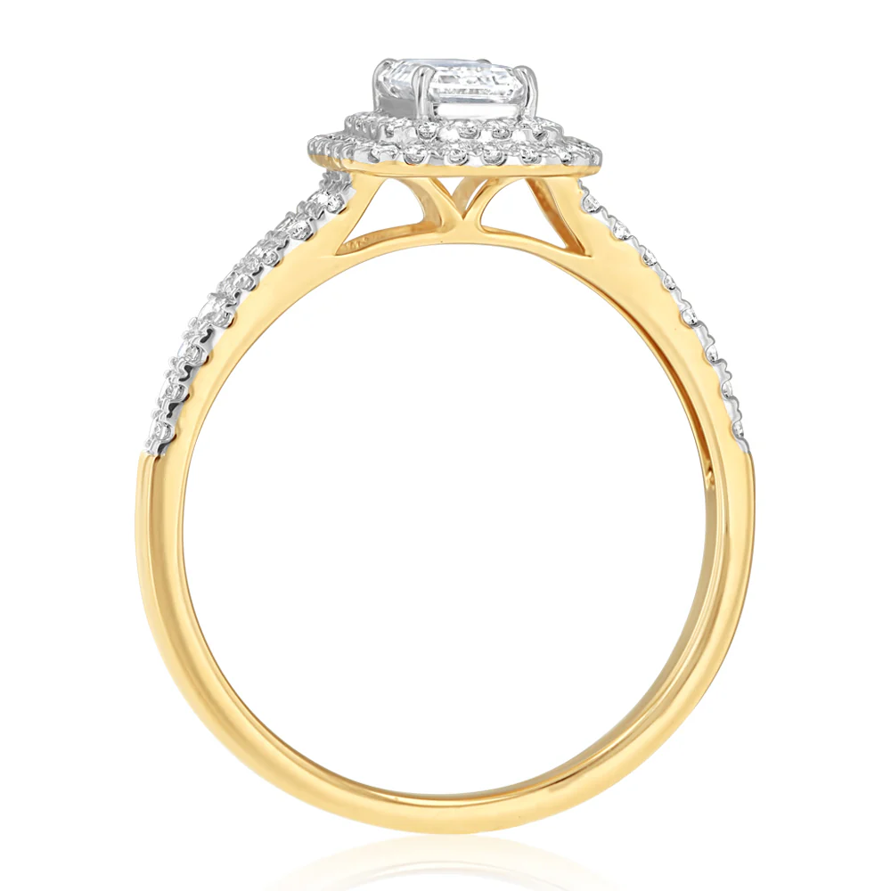 Luminesce Lab Grown 1 Carat Diamond Halo Solitaire Ring Emerald Centre Diamond in 9ct Yellow Gold - Image 3