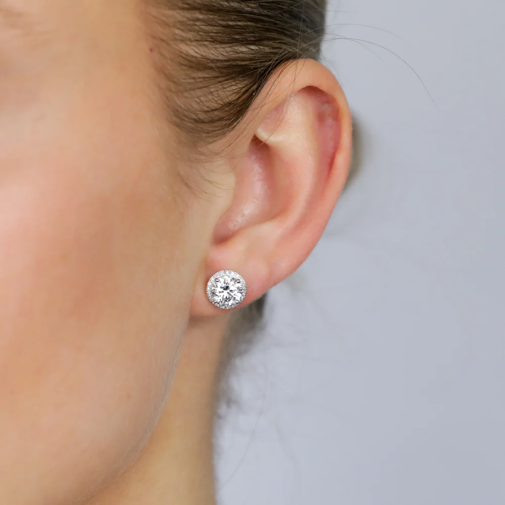 Luminesce Lab Grown 2.2 Carat Diamond Solitaire Halo Stu Earrings Sterling Silver - Image 2