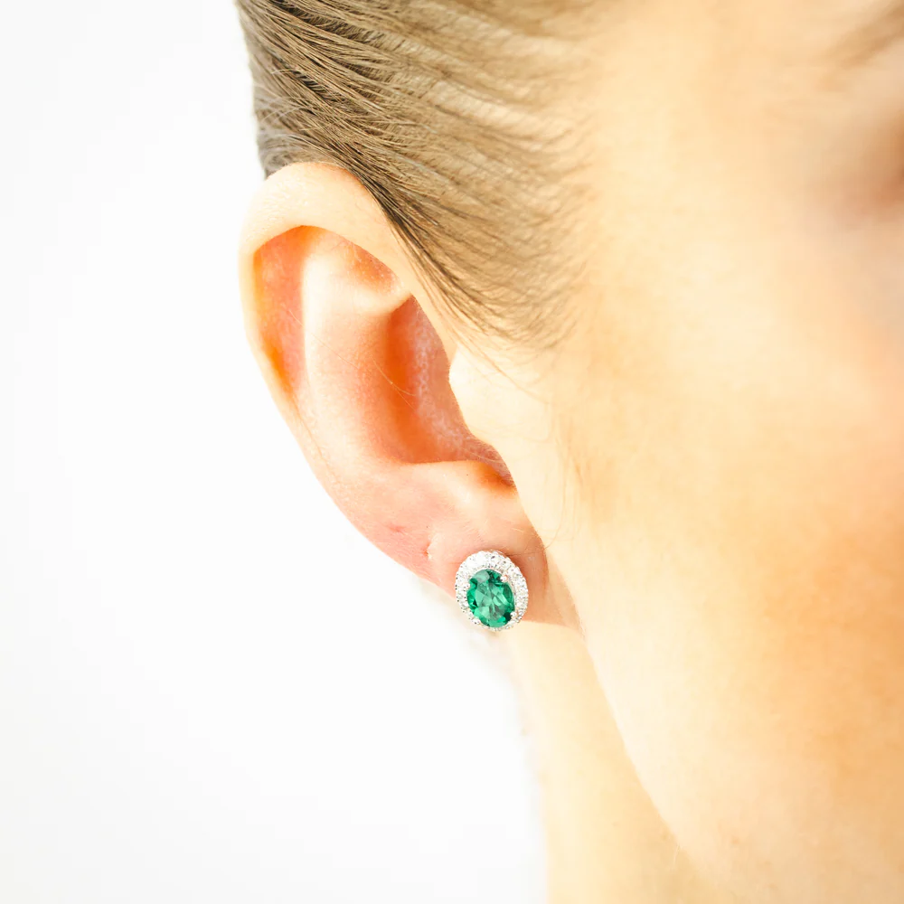 Luminesce Lab Grown 2 Carats Created Emerald with 0.30 Carat Diamond Stud Earrings in Sterling Silver - Image 2