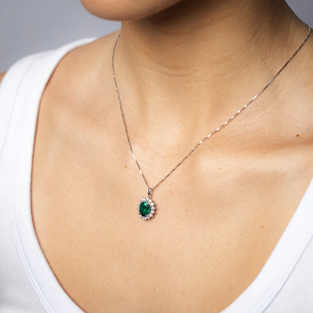 Luminesce Lab Grown 2 Carats Created Emerald with 0.50 Carat Diamond Pendant in Sterling Silver - Image 2