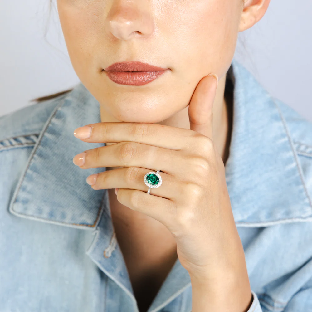 Luminesce Lab Grown 2 Carats Created Emerald with 1/2 Carat Diamond Ring in Sterling Silver - Image 4