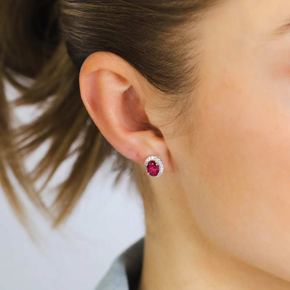 Luminesce Lab Grown 2 Carats Created Ruby with 0.30 Carat Diamond Stud Earrings in Sterling Silver - Image 2