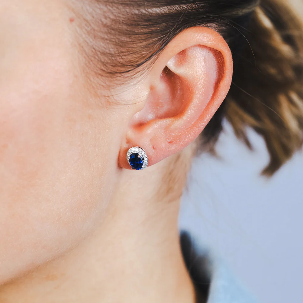 Luminesce Lab Grown 2 Carats Created Sapphire with 0.30 Carat Diamond Stud Earrings in Sterling Silver - Image 2
