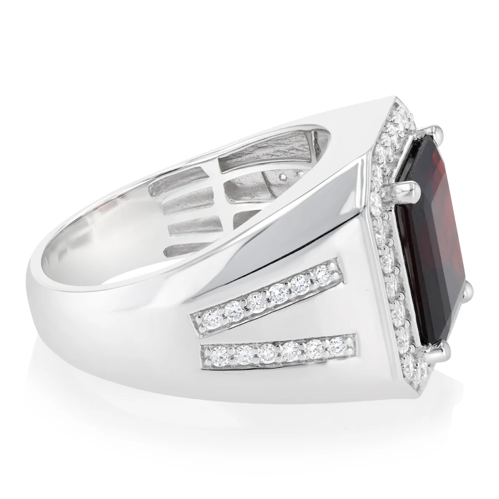 Luminesce Lab Grown 3/4 Carat Diamond and Natural Garnet Gents Ring in Sterling Silver - Image 2