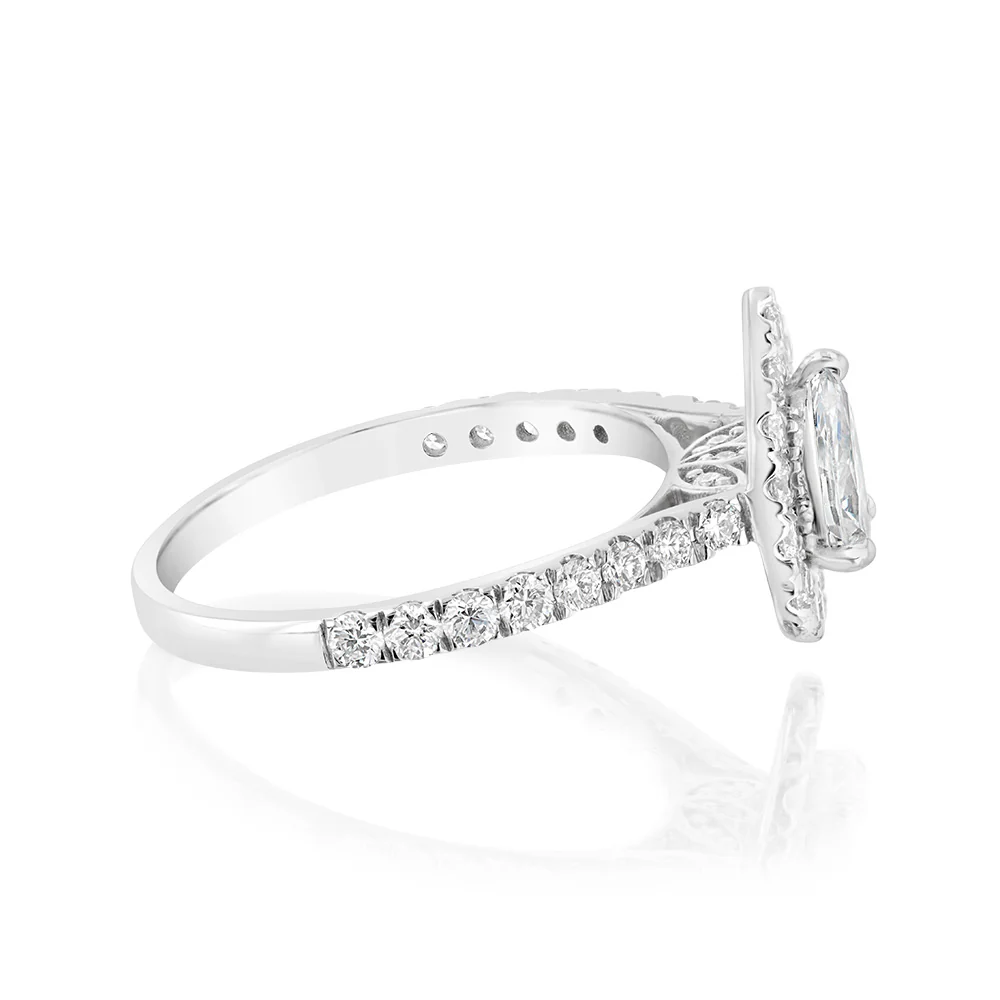 Luminesce Lab Grown 9ct White Gold 1 Carat Diamond Halo Solitaire Ring with Pear Centre Diamond - Image 2