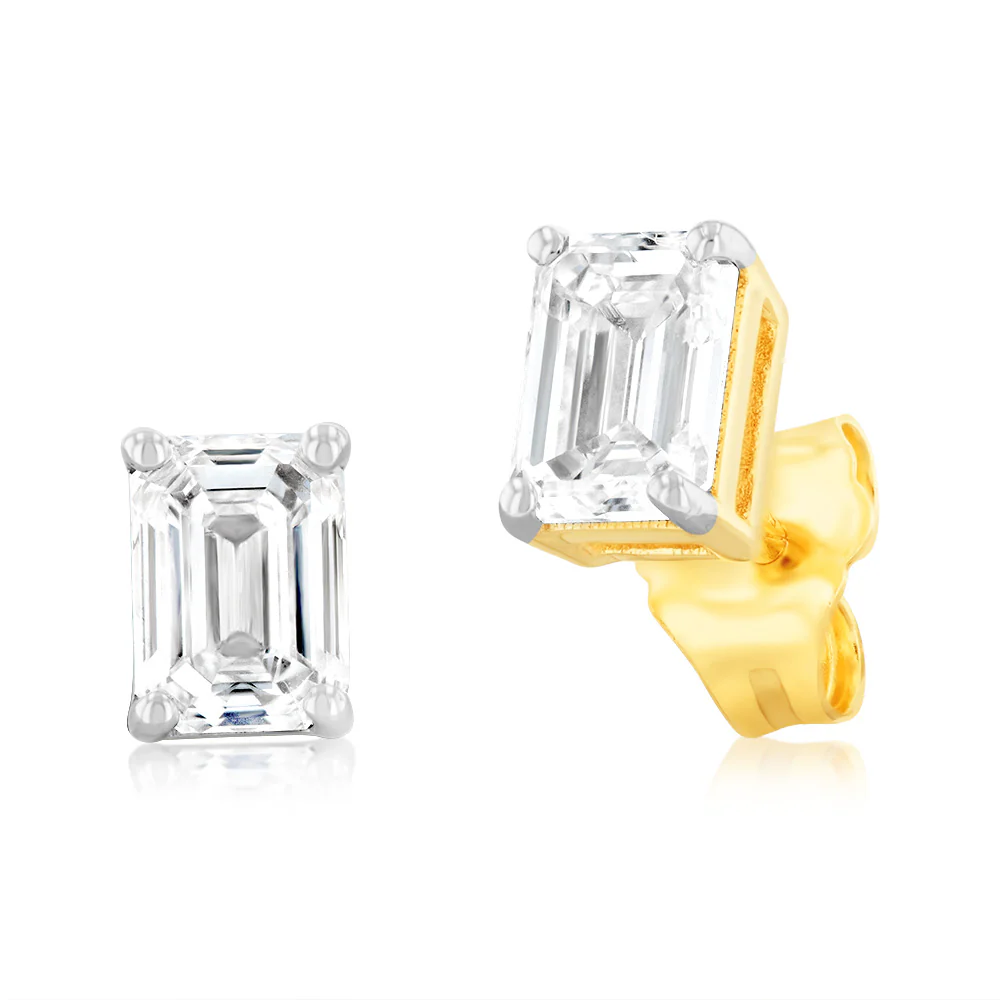Luminesce Lab Grown Emerald Shaped 1 Carat Diamond Stud Earrings in 14ct Yellow Gold - Image 2