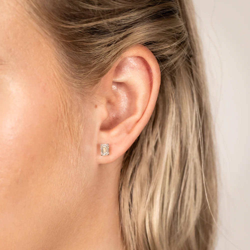 Luminesce Lab Grown Emerald Shaped 1 Carat Diamond Stud Earrings in 14ct Yellow Gold - Image 3