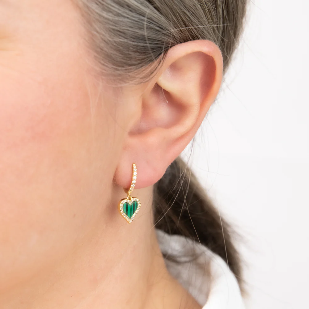 Malachite & Cubic Zirconia Heart Hoop Drop Earrings in Gold Plated Silver - Image 2