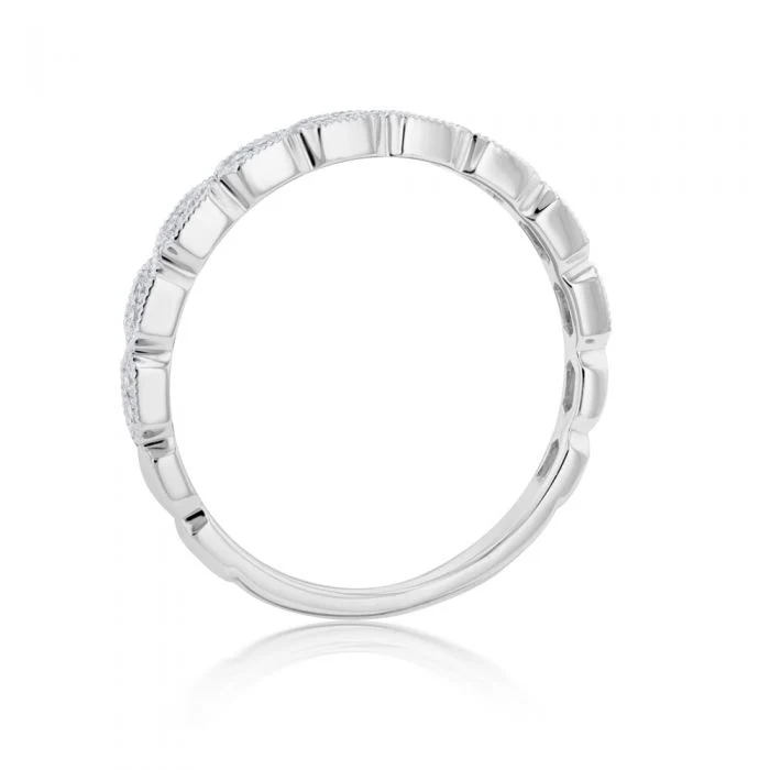 Memoire 18ct White Gold Vintage Round and Flat Hexagon Stack Ring with 18 Diamonds - Image 2