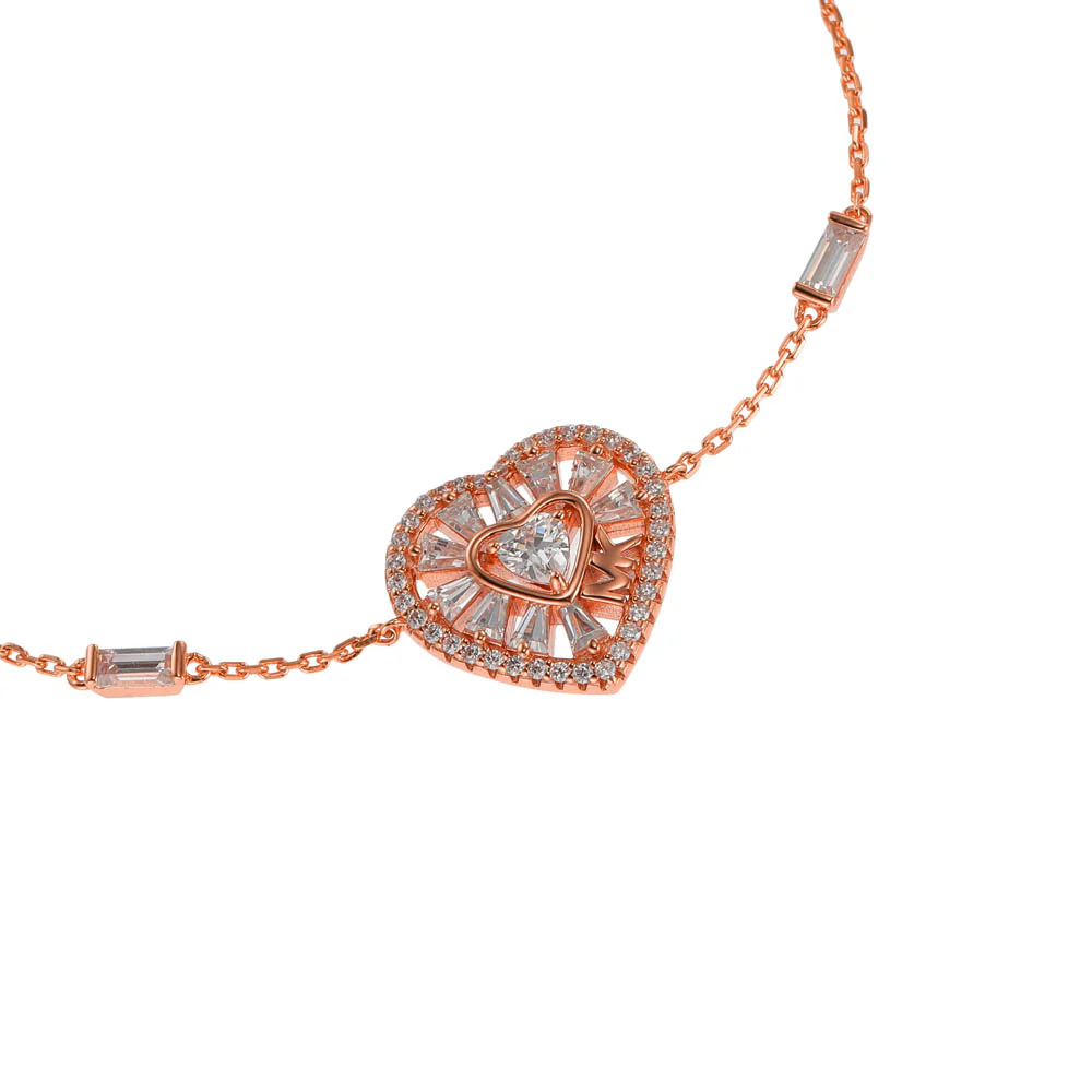 Michael Kors 14ct Rose Gold Plated Sterling Silver Tapered Baguette CZ Heart Bracelet - Image 2
