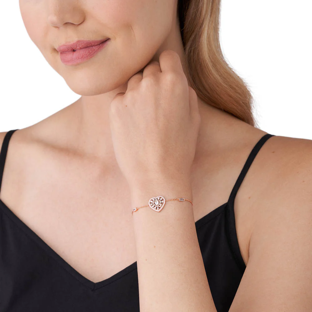 Michael Kors 14ct Rose Gold Plated Sterling Silver Tapered Baguette CZ Heart Bracelet - Image 4