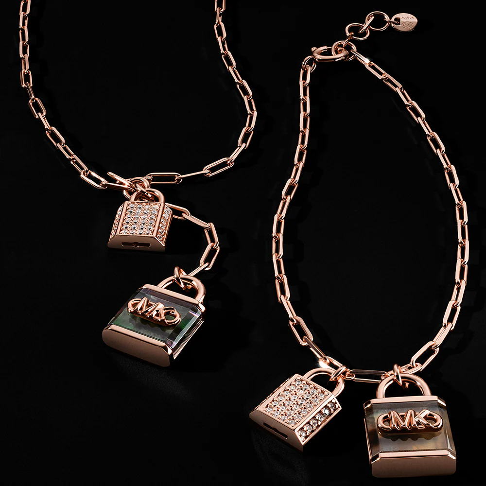 Michael Kors Rose Gold Plated Sterling Silver Pave And Grey Mother Of Pearl Locks Pendant On Paperclip Chain - Image 3