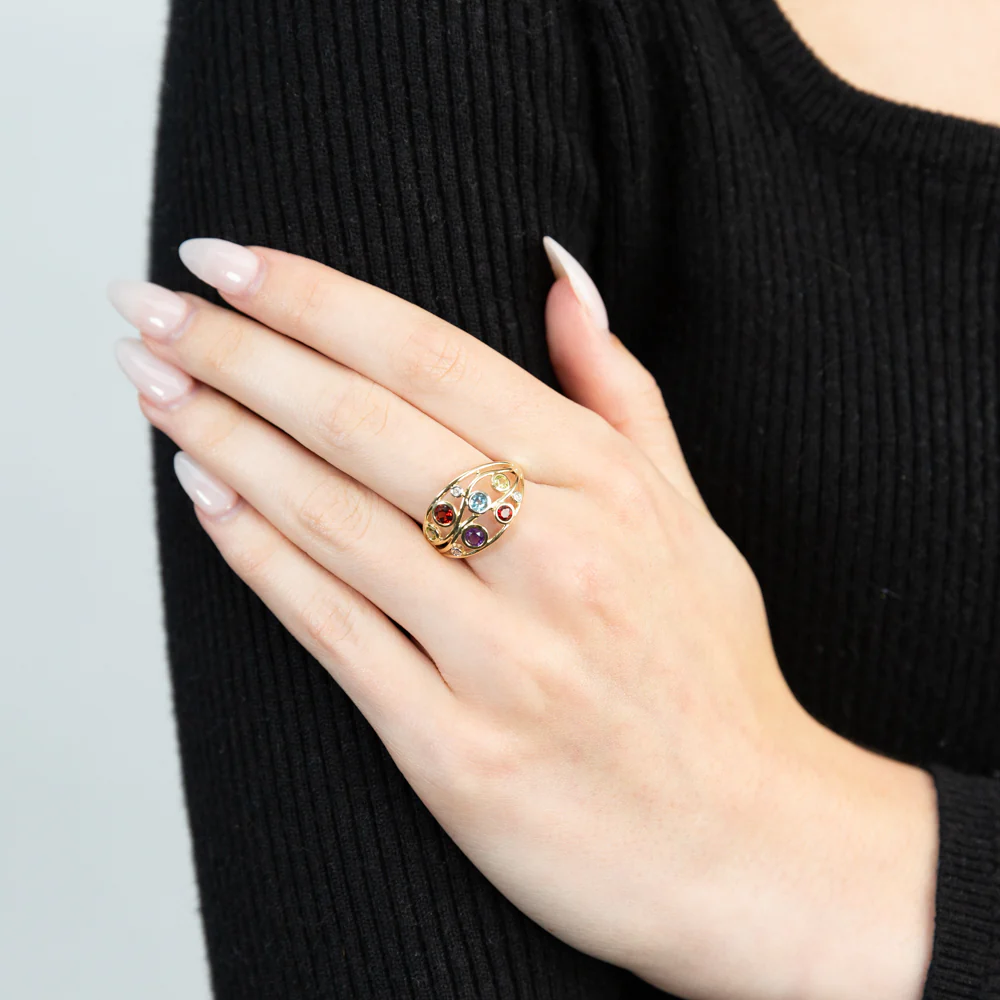 Natural Amethyst, Blue Topaz, Garnet, Peridot & Diamond Ring in 9ct Yellow Gold - Image 3