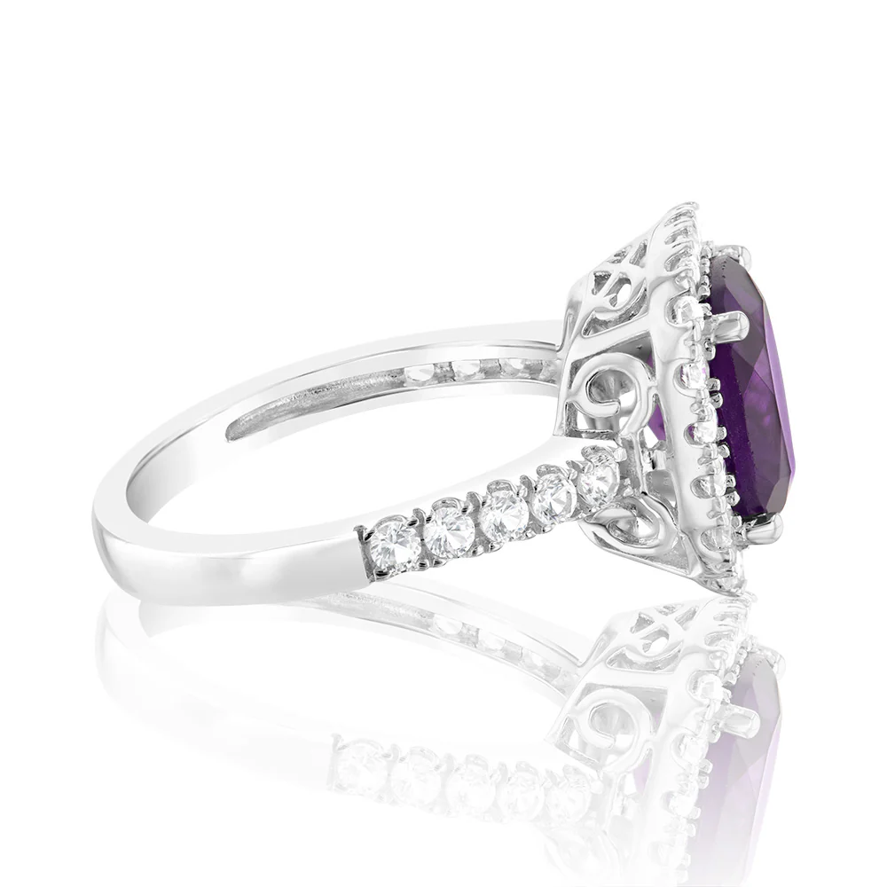 Natural Amethyst & Created White Sapphire Ring Sterling Silver - Image 2