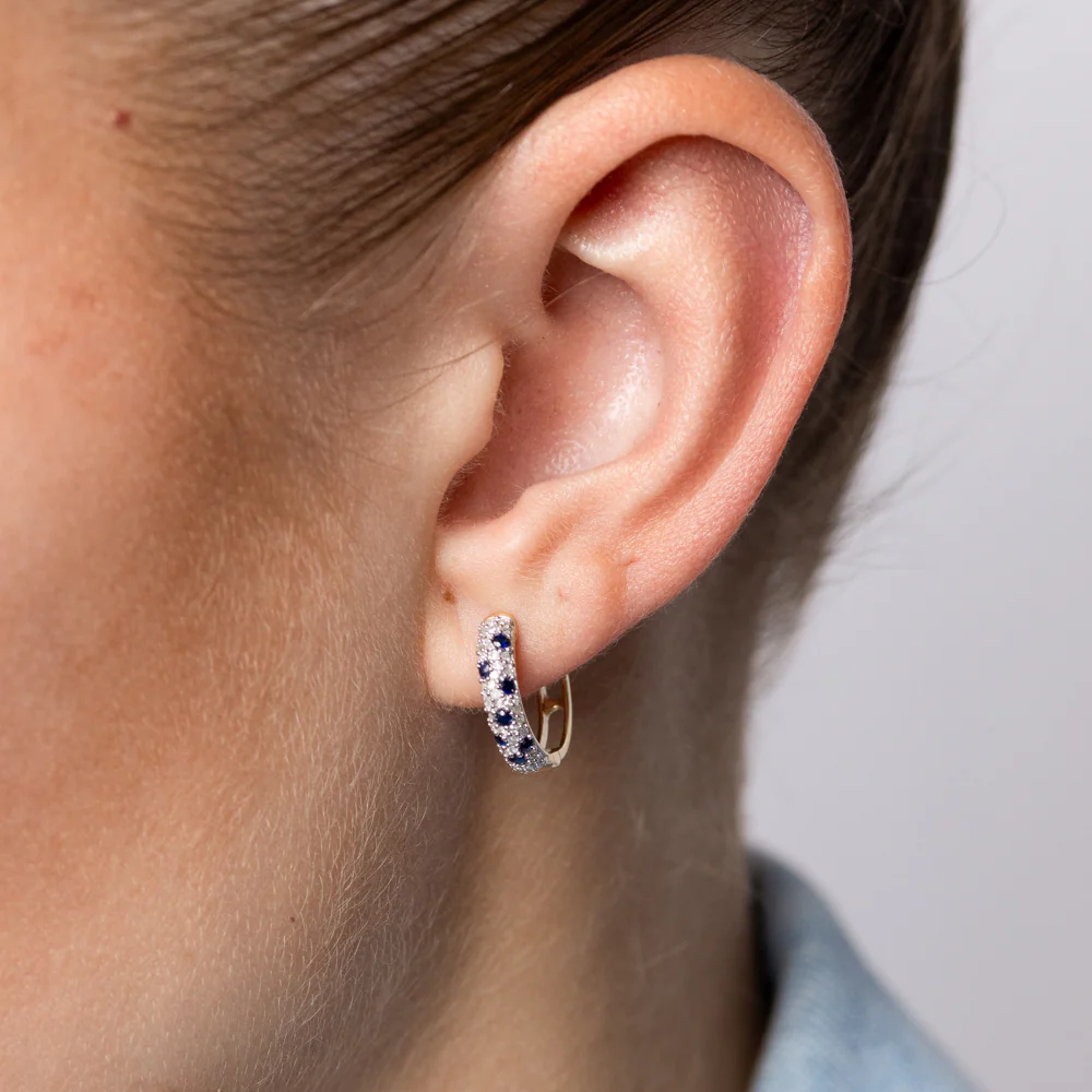 Natural Blue Sapphire and 1/4 Carat Diamond Hoop Earring in 9ct Yellow Gold - Image 2