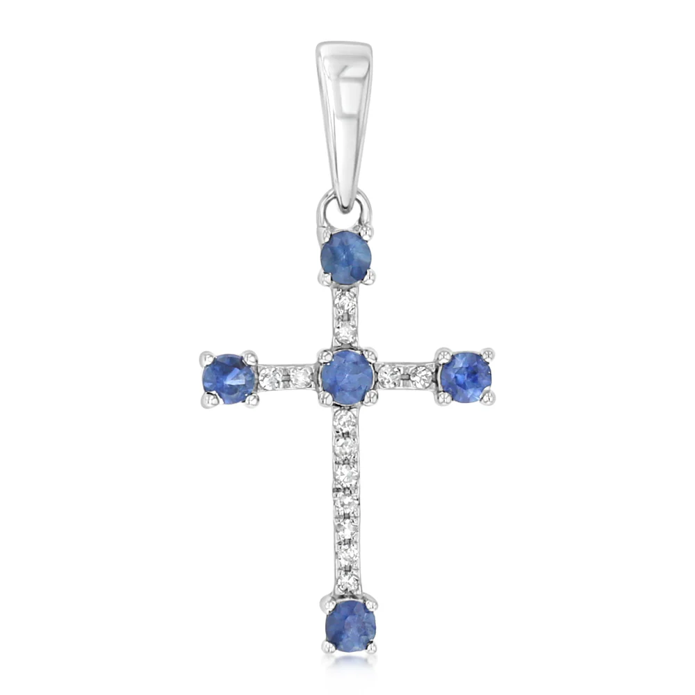 Natural Blue Sapphire and Diamonds Cross Pendant in 9ct White Gold - Image 2