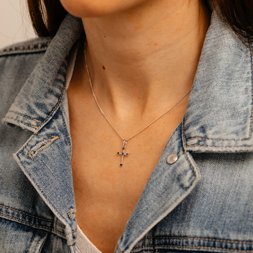 Natural Blue Sapphire and Diamonds Cross Pendant in 9ct White Gold - Image 3