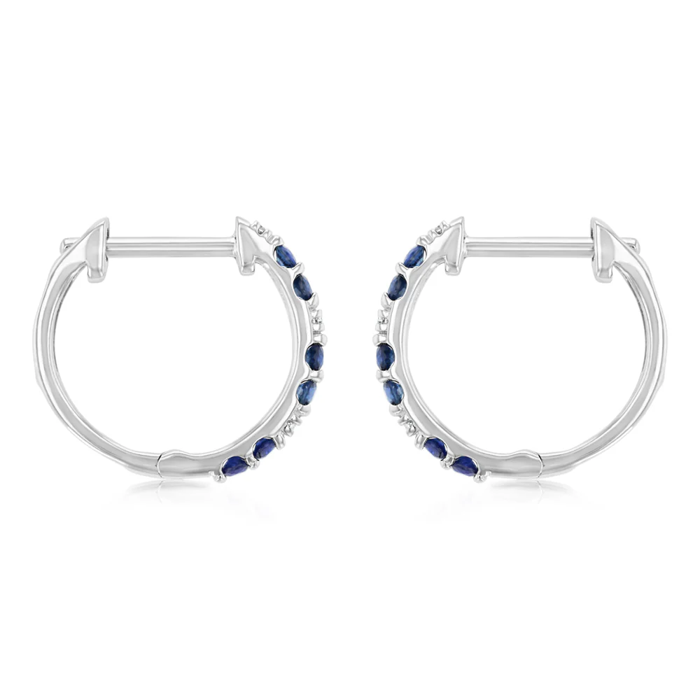 Natural Blue Sapphire and Diamonds Hoop Earrings in 9ct White Gold - Image 2