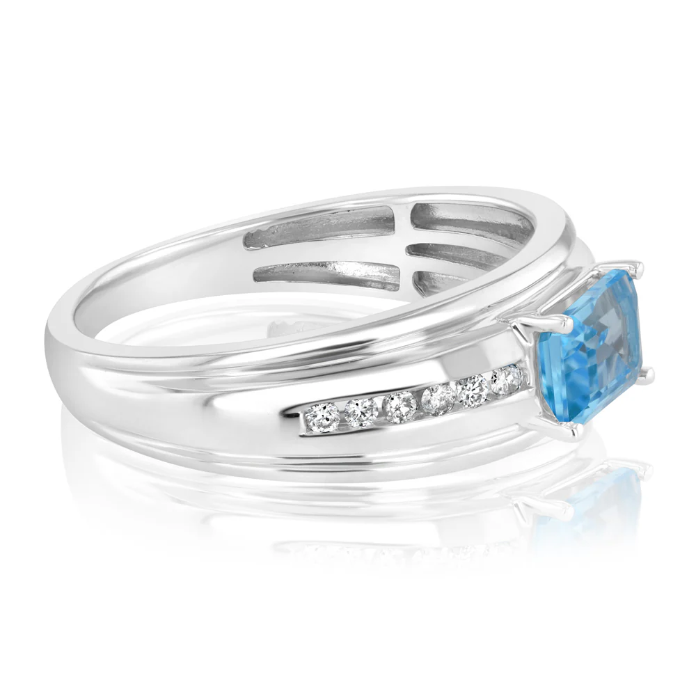 Natural Blue Topaz and 1/6 Carat Diamond Ring in 9ct White Gold - Image 2