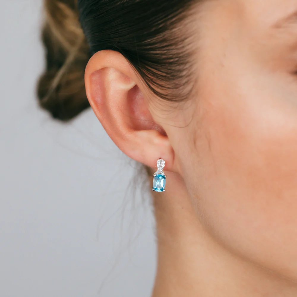 Natural Blue Topaz & Created White Sapphire Drop Earrings Sterling Silver - Image 2