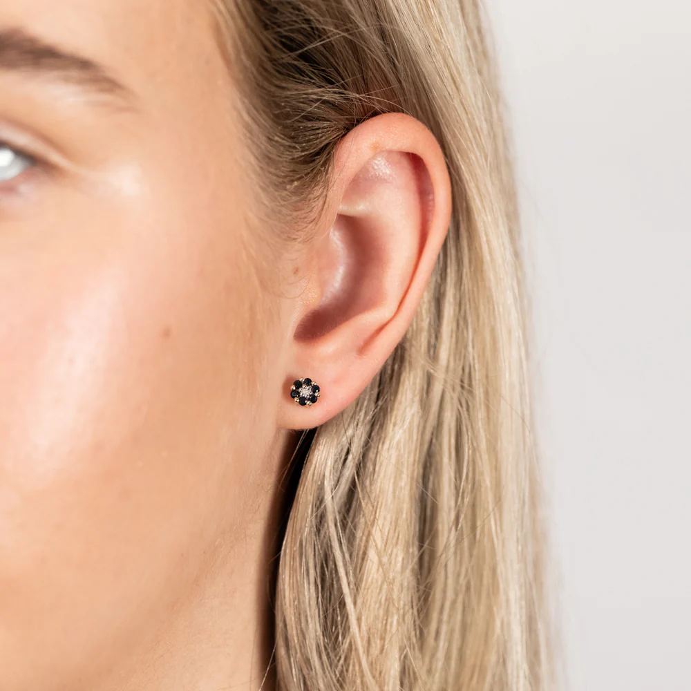 Natural Dark Round Sapphire 1.6mm & Small Diamond Flower Stud Earrings in 9ct Yellow Gold - Image 2