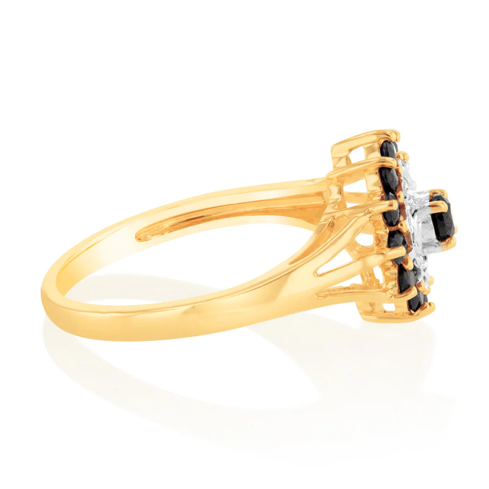 Natural Dark Round Sapphire & Diamond Ring in 9ct Yellow Gold - Image 2