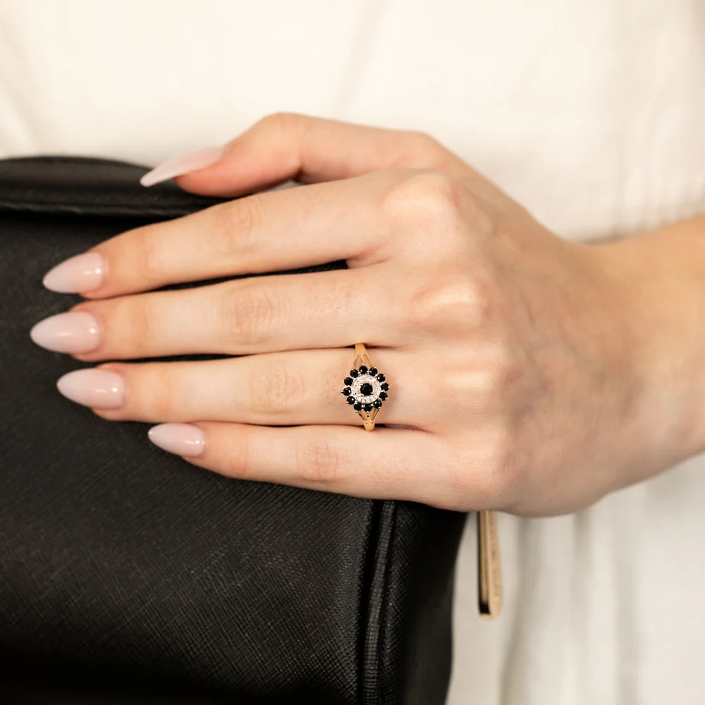 Natural Dark Round Sapphire & Diamond Ring in 9ct Yellow Gold - Image 3