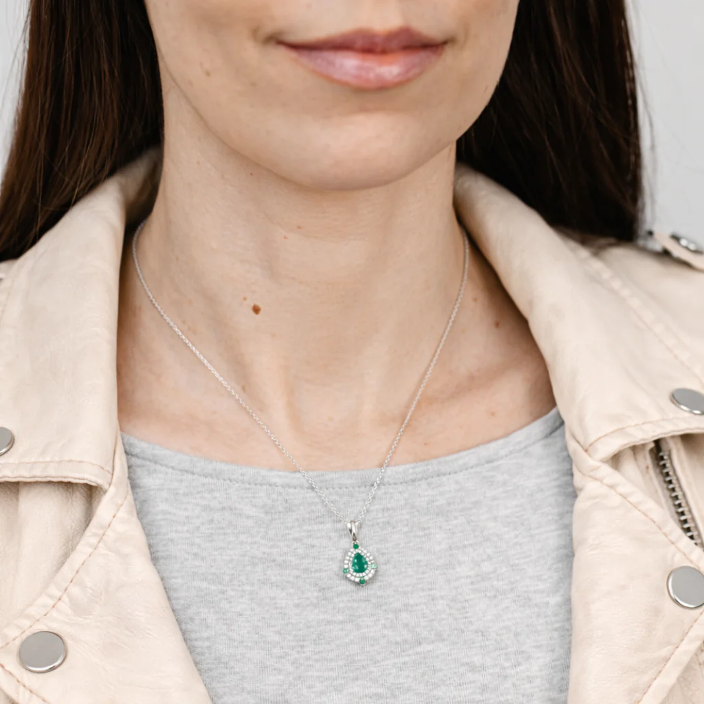 Natural Emerald and White Cubic Zirconia Pendant on Adjustable 50cm Chain in Sterling Silver - Image 2