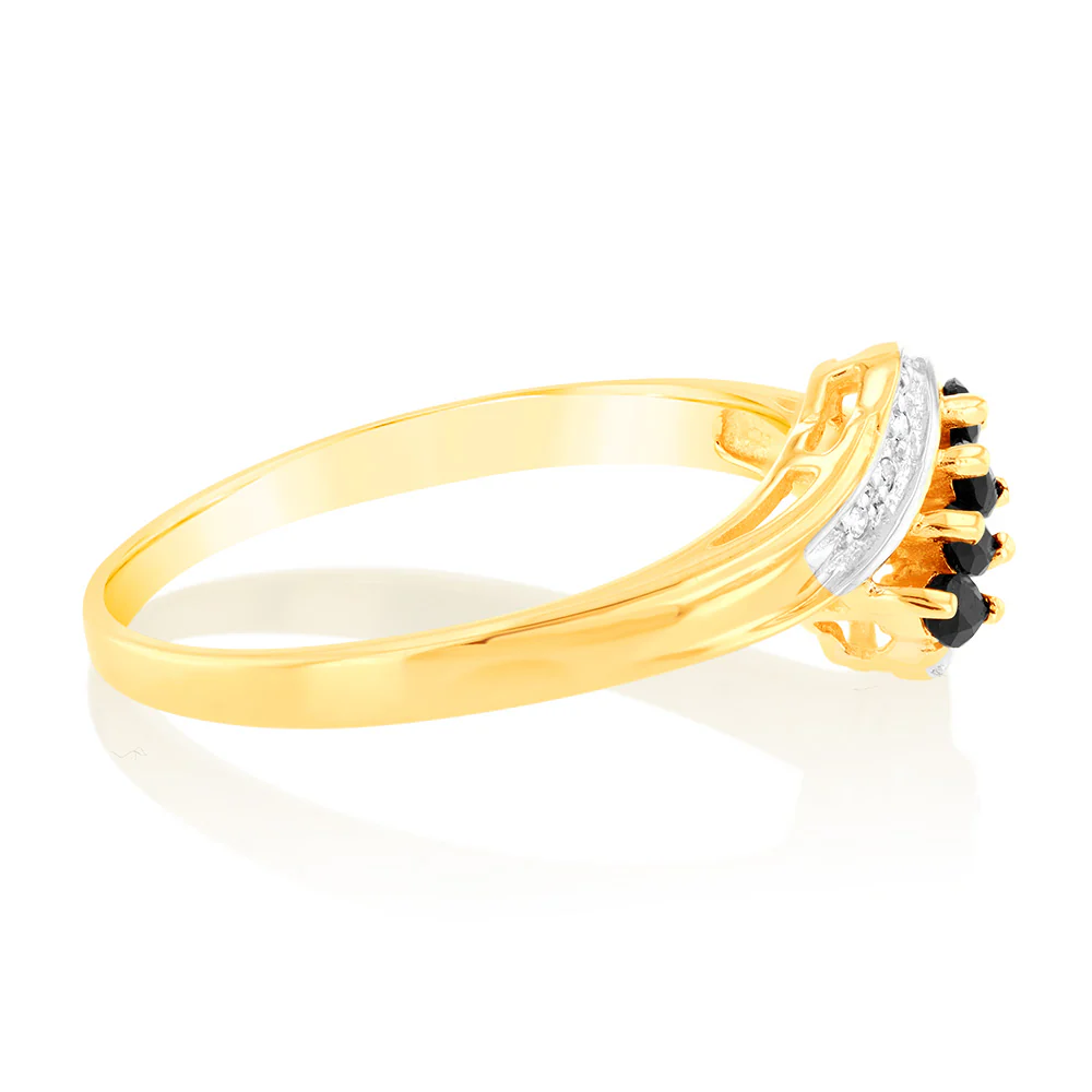 Natural Marquise Cut Dark Sapphire Diamond Ring in 9ct Yellow Gold - Image 2