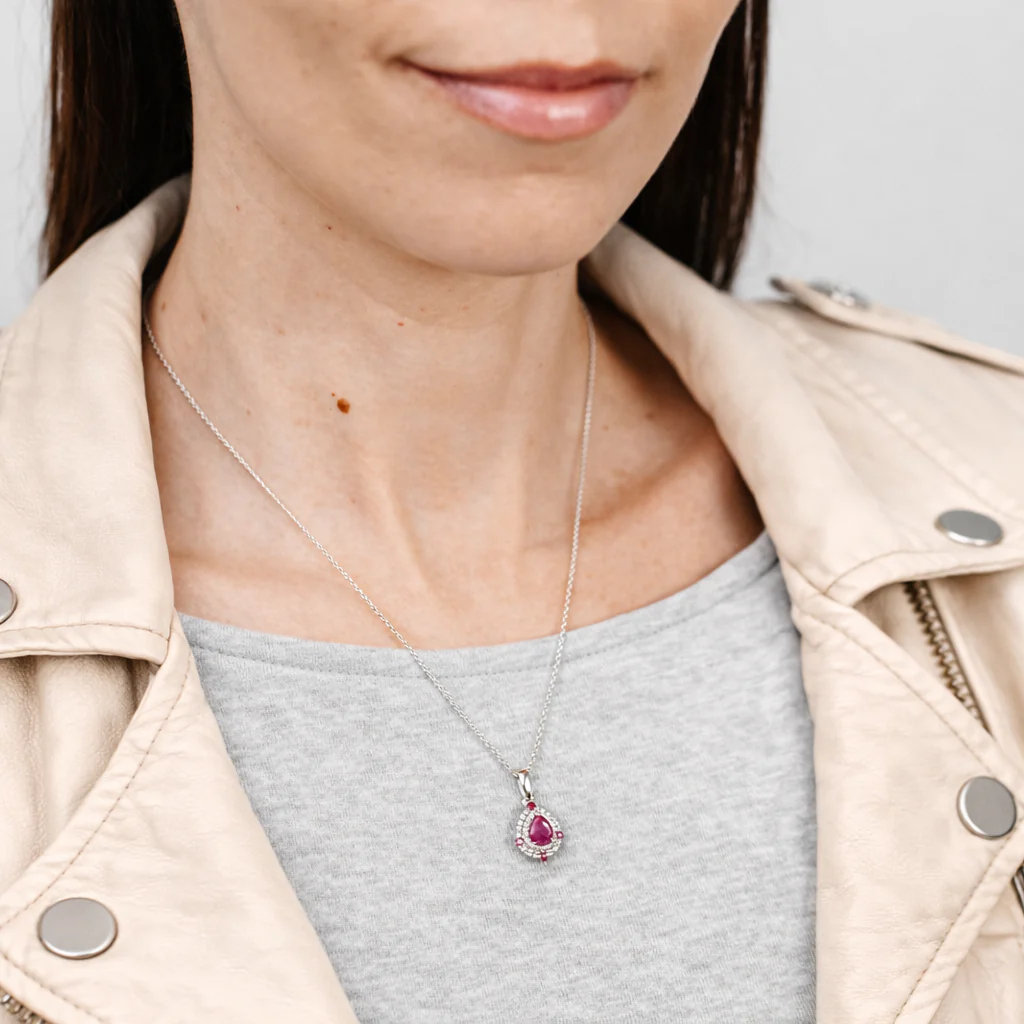 Natural Ruby and White Cubic Zirconia Pendant on Adjustable 50cm Chain in Sterling Silver - Image 2