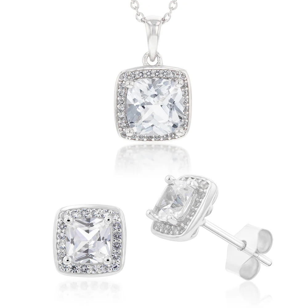 Natural White Sapphire Cushion Cut Pendant and Earring Set on Chain in Silver - Image 2