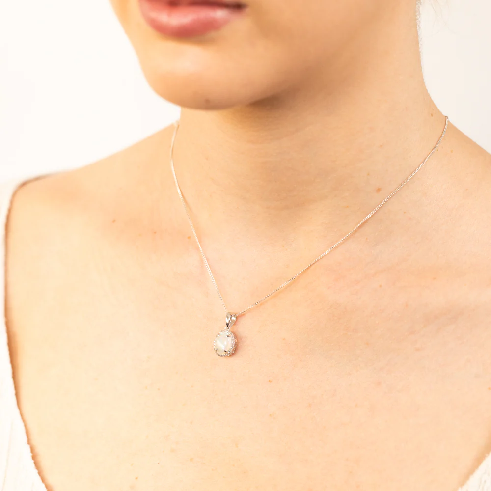 Opal & 5 Points Diamond Pendant in Sterling Silver - Image 2