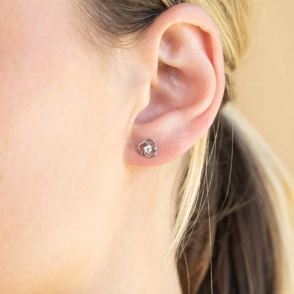 Rhodium Plated Cubic Zirconia Flower 7mm Stud Earrings - Image 2