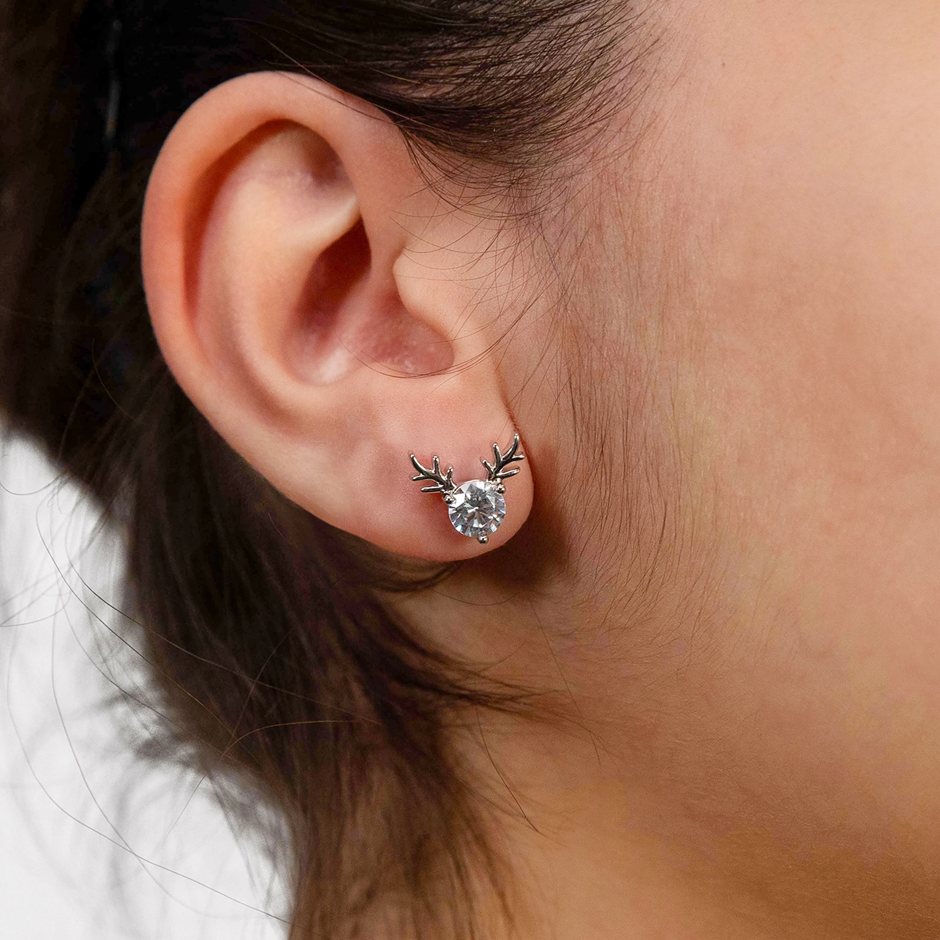 Rhodium Plated Sterling Silver Cubic Zirconia On Reindeer Head Stud Earrings - Image 2