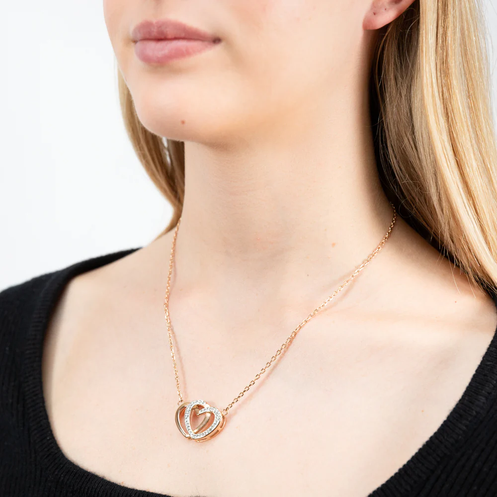 Rose Gold Plated Stainless Steel Crystal Double Heart Pendant with 43cm + 6.5cm Chain - Image 2