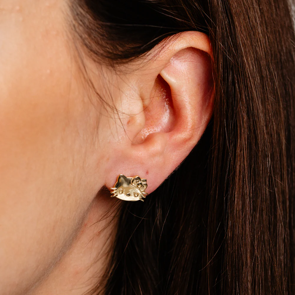 Sanrio Hello Kitty Head Sterling Silver Yellow Gold Plated Stud Earrings - Image 2