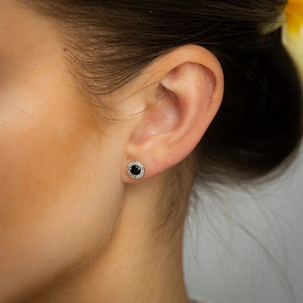 Sapphire Halo Stud Earrings in Sterling Silver - Image 2
