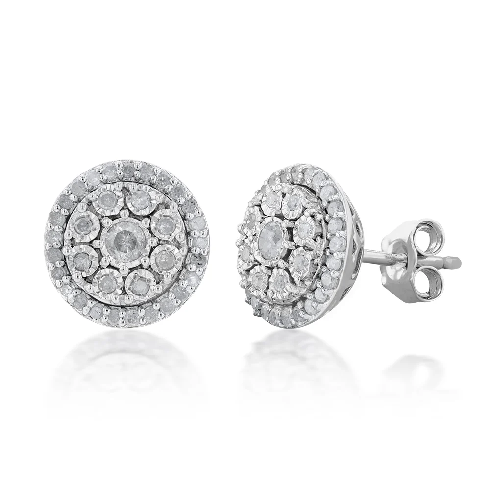 Silver 1/2 Carat Stud Diamond Earrings with 68 Brilliant Diamonds - Image 2