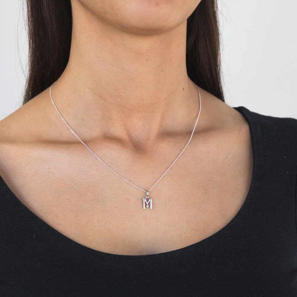 Silver Pendant Initial M set with Diamond - Image 2