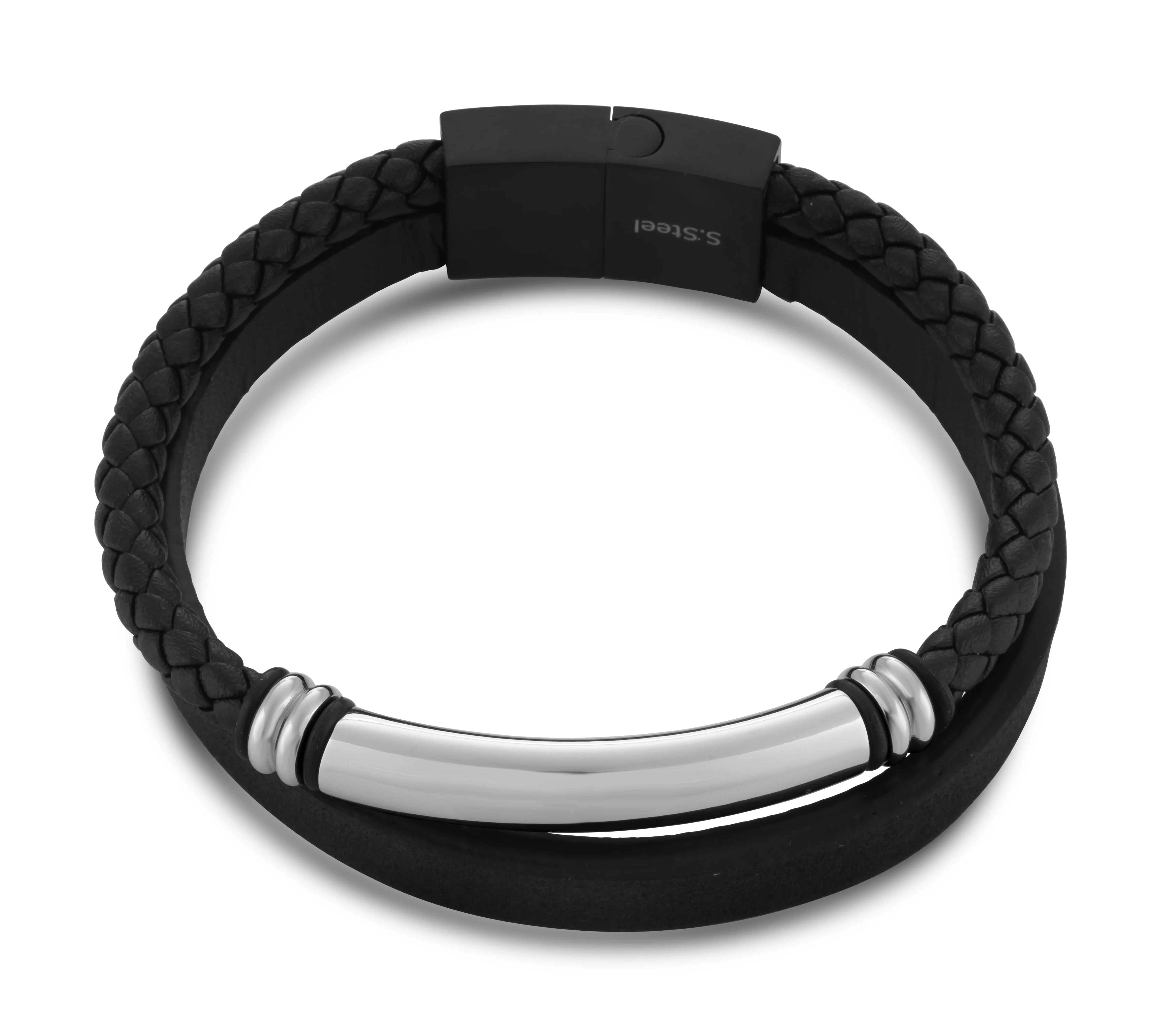 Stainless Steel 22cm Gents Leather Magnetic Clasp Bracelet with I.D. Plate - Image 2