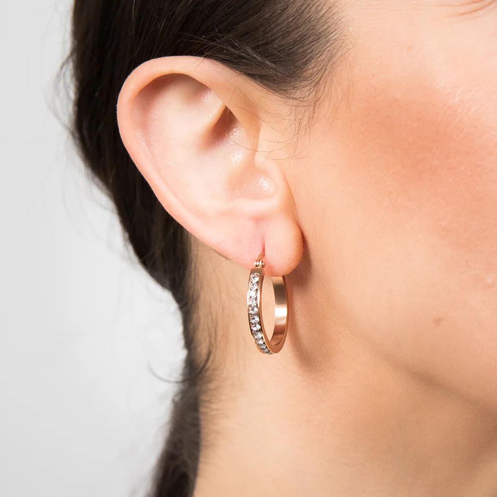 Stainless Steel 25mm Half Circle Rose Gold Plated Crystal Hoop Earrings - Image 2