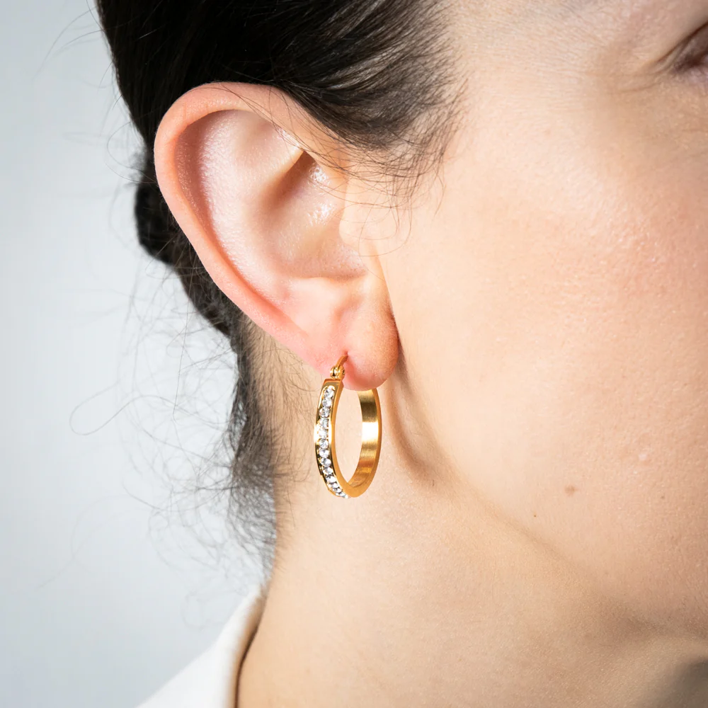 Stainless Steel 25mm Half Circle Yellow Gold Plated Crystal Hoop Earrings - Image 2