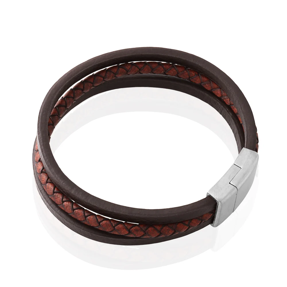 Stainless Steel 3 Band Woven Plait and Plain Strap Leather Bracelet - Image 2